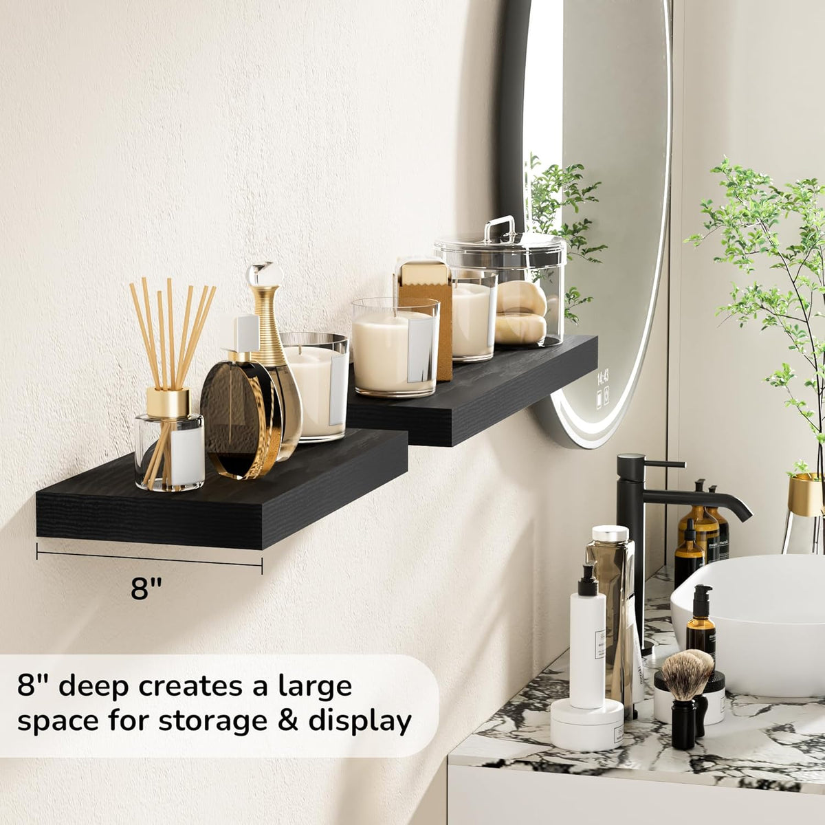 Fun Memories 16 Inch Floating Shelves - Deep Rustic Black Wooden Wall Shelves - Extra Deeper &