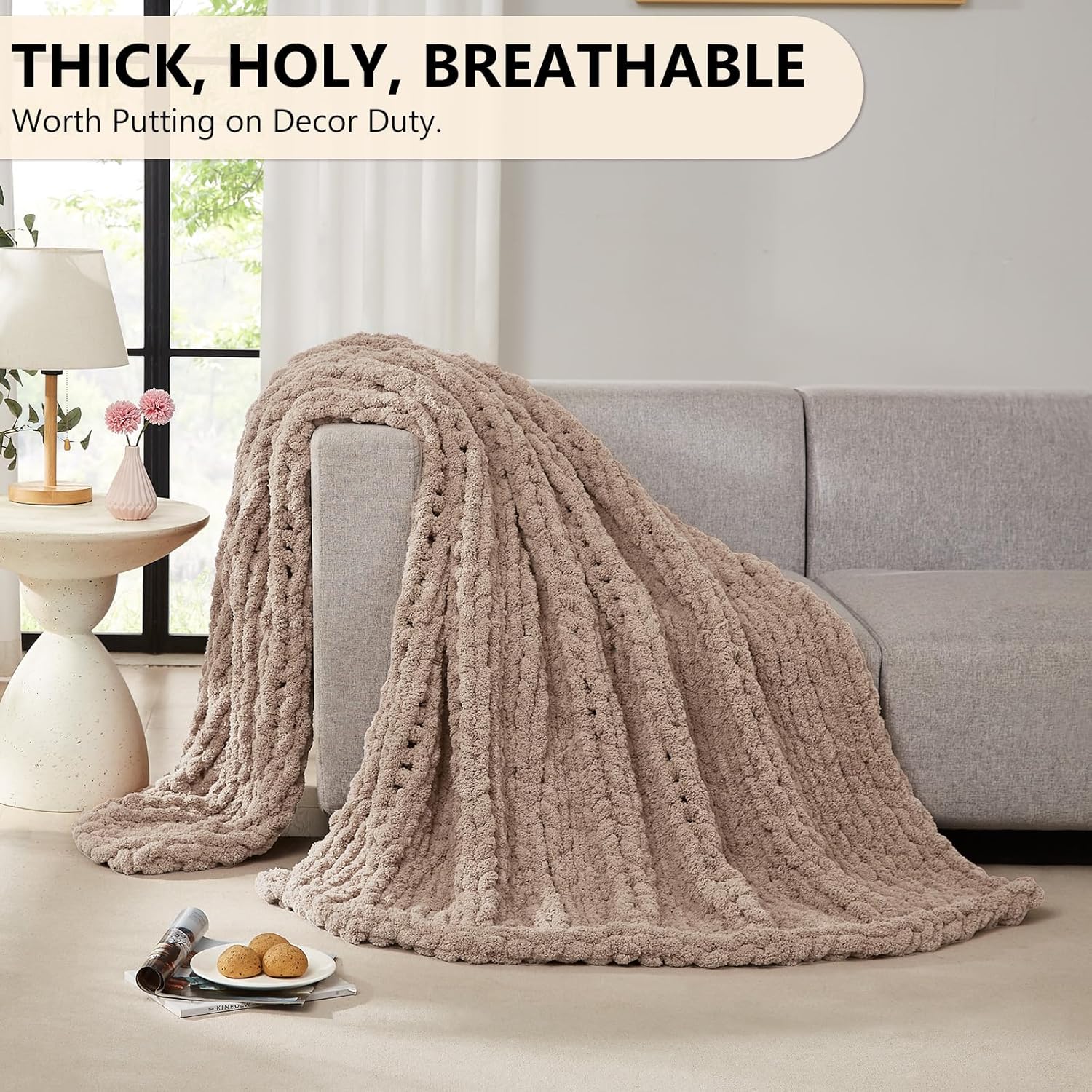 L'AGRATY Chunky Knit Blanket Throw: 50''x60'' Chenille Chunky Knitted Throw Blanket for Bed Couch