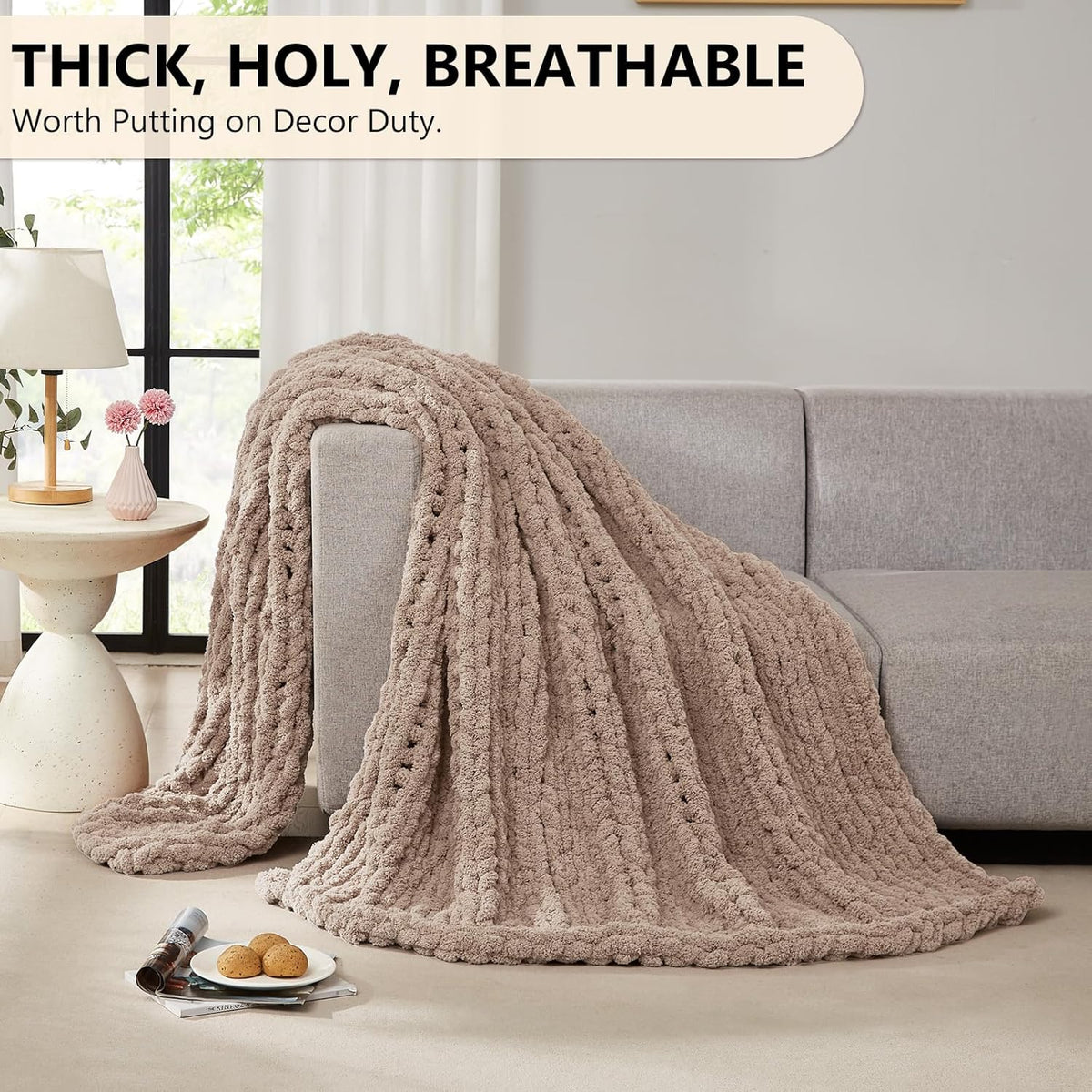 L'AGRATY Chunky Knit Blanket Throw: 80''x90'' Chenille Chunky Knitted Throw Blankets for Bed Couch