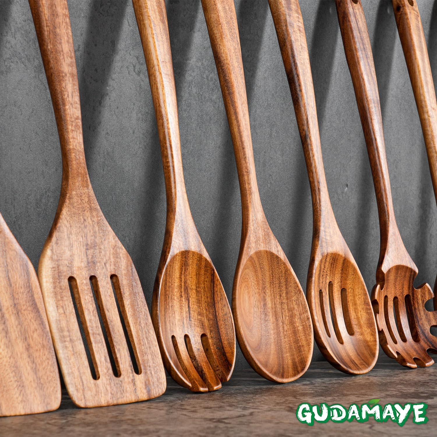 Gudamaye 13 inch Long Wooden Spoons for Cooking, 9 PCS Natural Teak Wooden Kitchen Utensil Set with