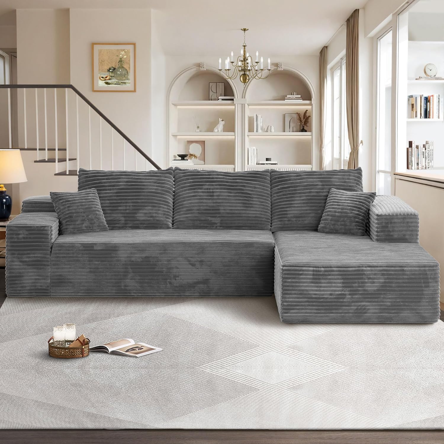 106" Cloud Sectional Couches for Living Room,Plush Corduroy Boneless Couch with Comfy Chaise,L