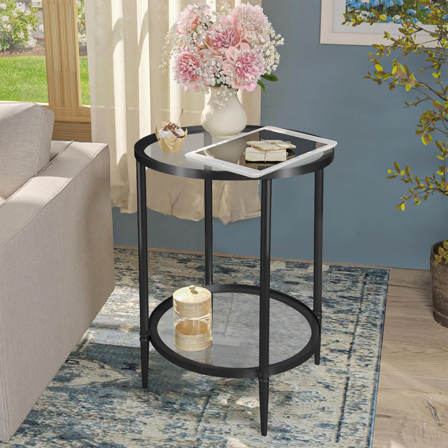 2 Tier Round Side Table, Black End Table with Glass Top, Modern Metal Clear Coffee Table，Small