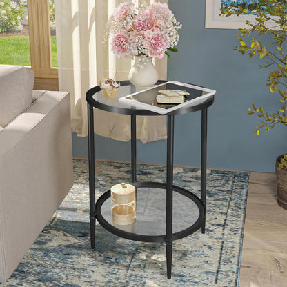 2 Tier Round Side Table, Black End Table with Glass Top, Modern Metal Clear Coffee Table，Small
