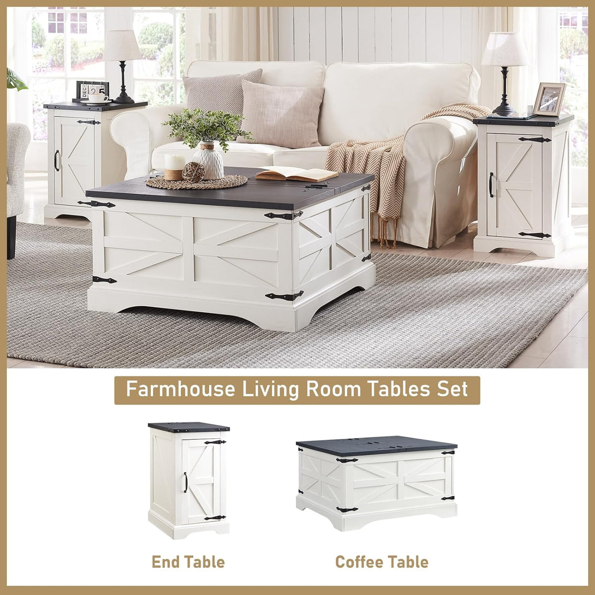 JXQTLINGMU Nightstand with Charging Station, Rectangular Farmhouse End Table with Barn Door and