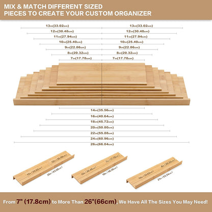 Bamboo Spice Rack Drawer Organizer - 8 Pieces Set- 10" Wide Per Piece - Combine Pieces Into 20"