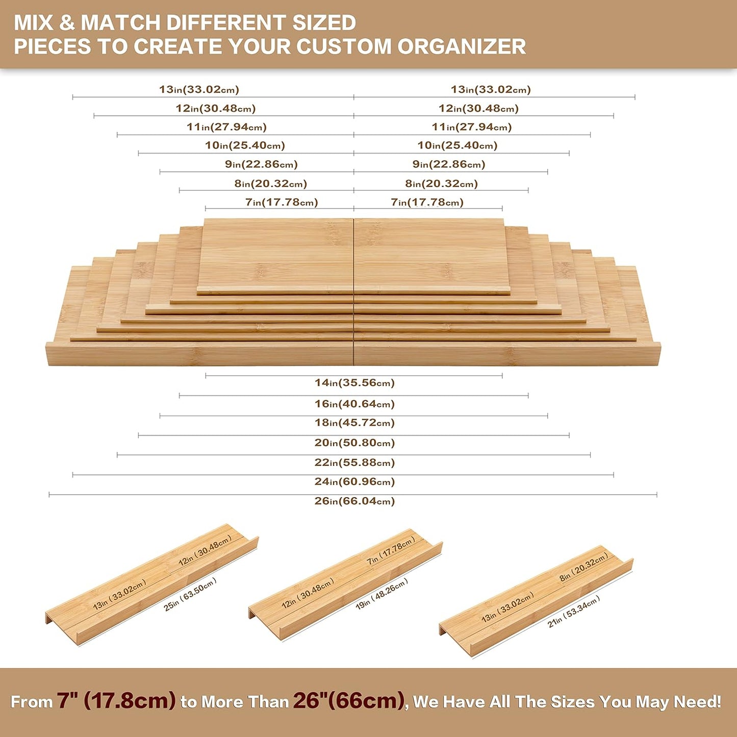 Bamboo Spice Rack Drawer Organizer - 8 Pieces Set- 9" Wide Per Piece - Combine Pieces Into 18" Wide