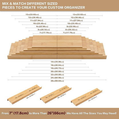 Bamboo Spice Rack Drawer Organizer - 8 Pieces Set- 11" Wide Per Piece - Combine Pieces Into 22"