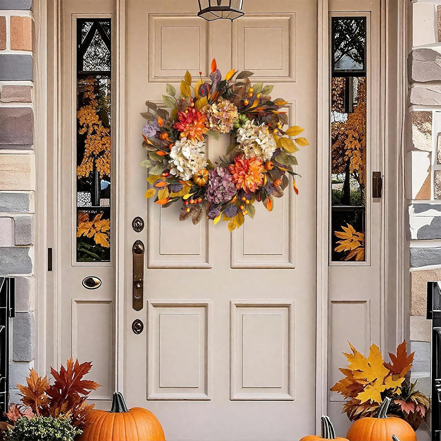 24Inch Fall Wreaths for Front Door,Fall Wreath with Beige Hydrangea,Orange Dahlia Artificial