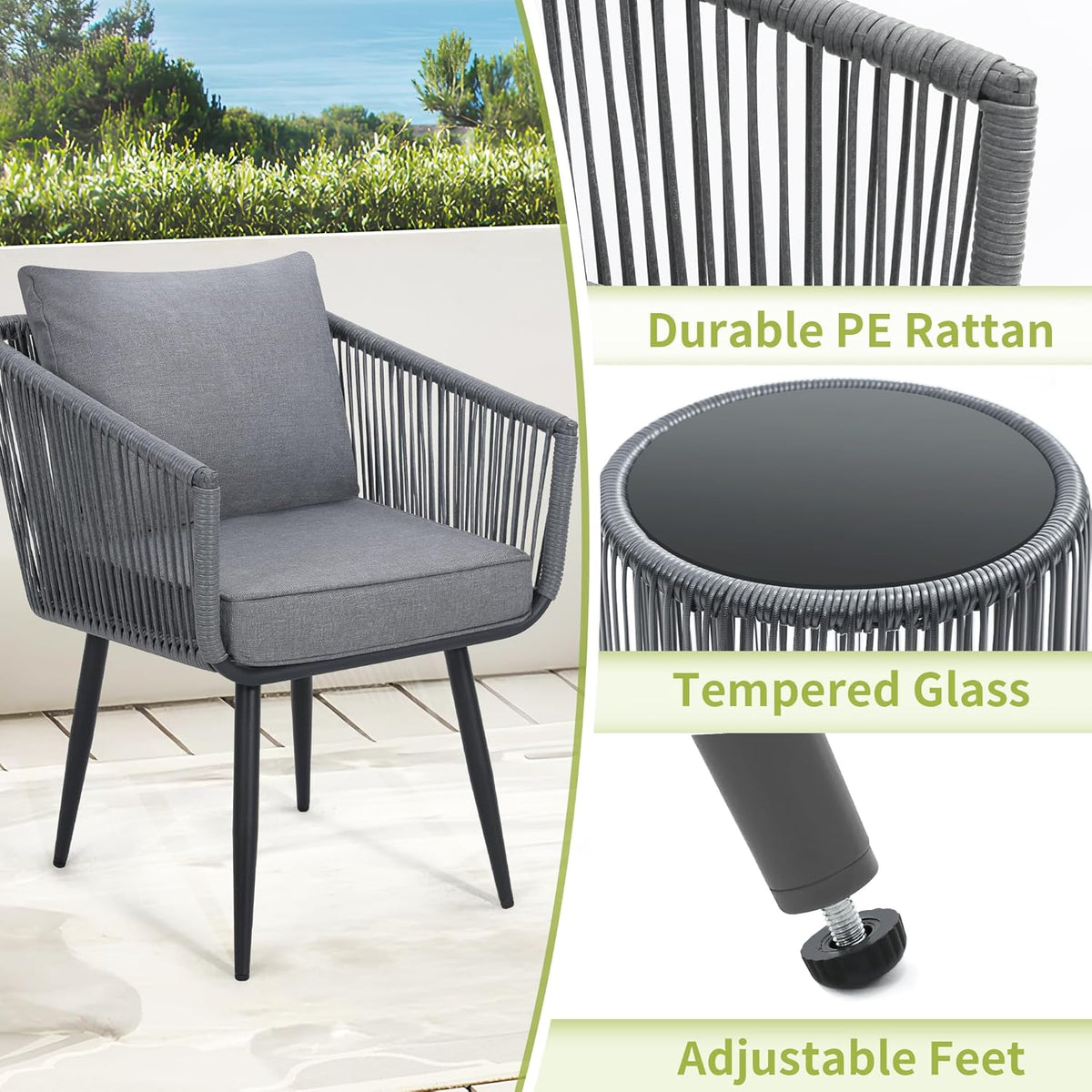 Kromax 3 Pieces Patio Rattan Bistro Conversation Set, Outdoor All-Weather Wicker Furniture Chairs