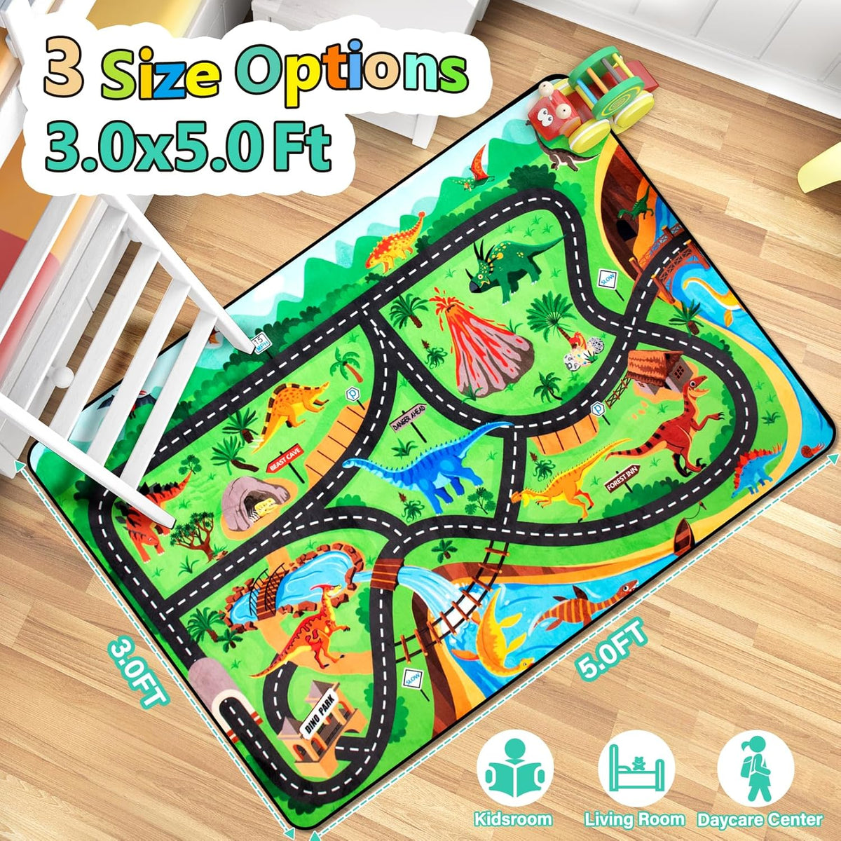 Kids Rug, Car Carpet for Kids' Toy Cars, 3x5 Ft Dinosaur Rug, Dino Safari Road Mat for Playroom