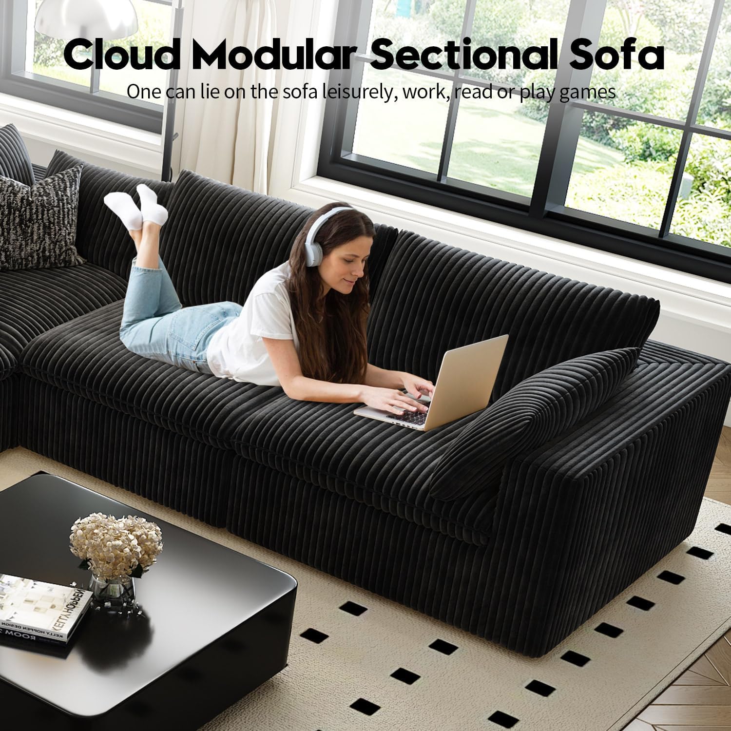 118" Cloud Couch Modular Sectional Sofa for Living Room,Modern Sofa with Deep Seat，3 Seater