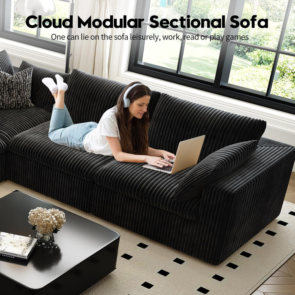118" Cloud Couch Oversized Modular Sectional Sofa for Living Room,Modern Sofa with Deep Seat，V