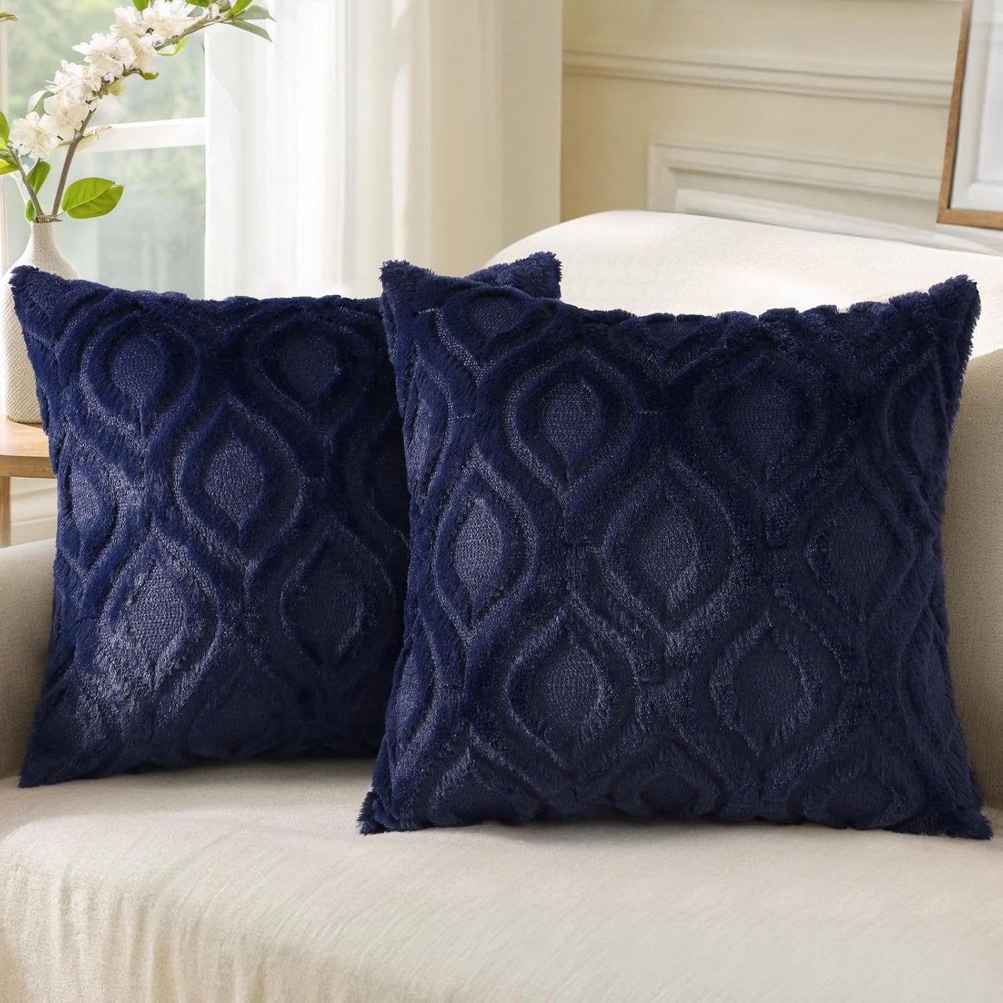 decorUhome Fall Throw Pillow Covers 26x26 Inch Set of 2, Soft Plush Decorative Faux Fur Navy Blue