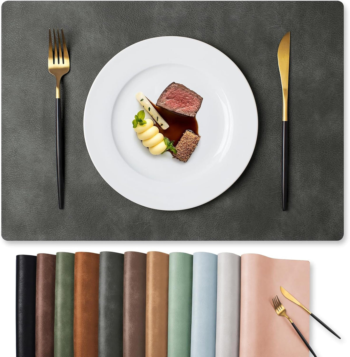 MOSAYT Vinyl Placemats Set of 6-12 X 17 Inch - Faux Leather 100% Waterproof Oil-Proof Wipeable PU