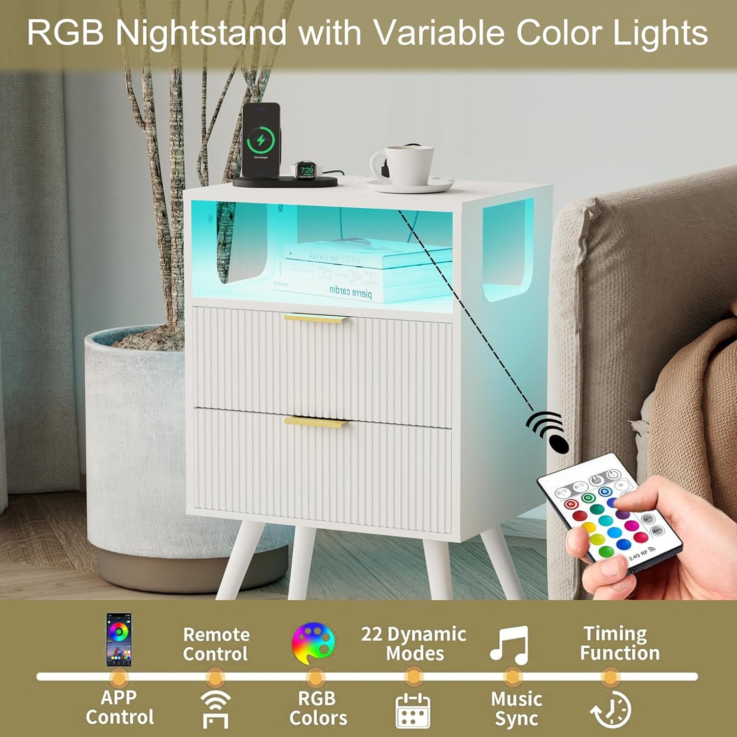 White Nightstand with Charging Station and LED Lights,Modern Bedside Table with 2 Storage Drawer
