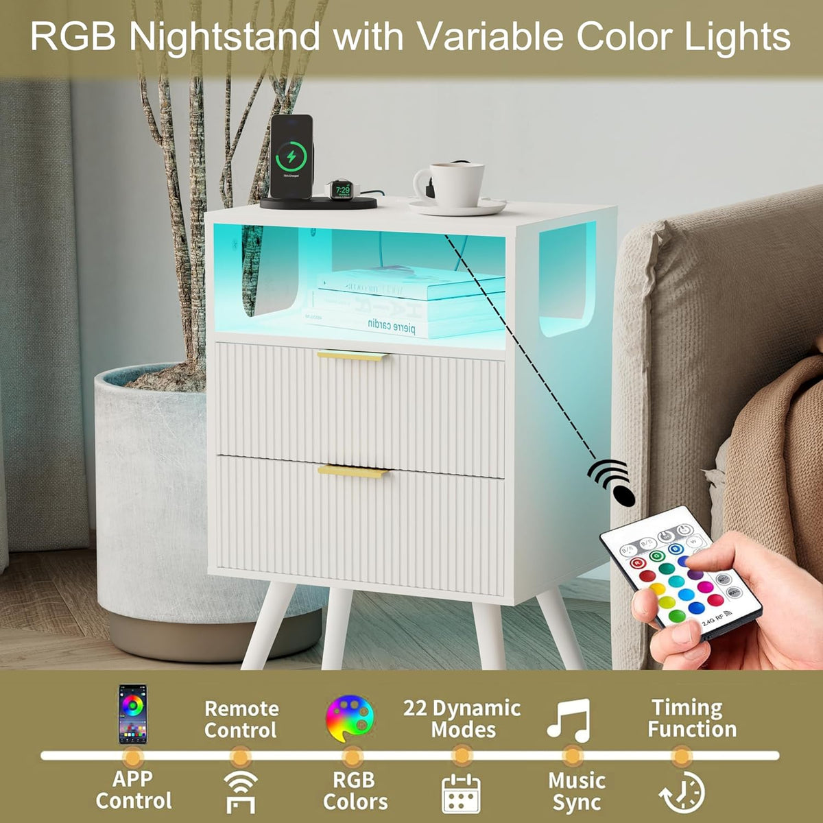 White Nightstand with Charging Station and LED Lights,Modern Bedside Table with 2 Storage Drawer