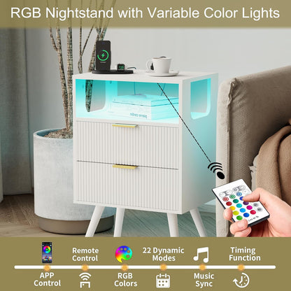 White Nightstand with Charging Station and LED Lights,Modern Bedside Table with 2 Storage Drawer