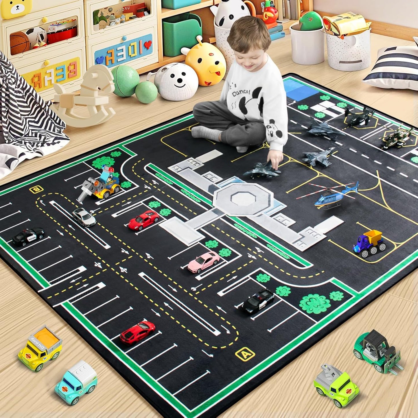 Kids Rug, Road Carpet for Kids with Combined City Road Traffic System, Car Rug and Airport Play