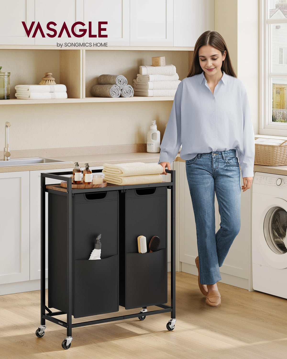 VASAGLE Laundry Sorter, 29 Gal. (110 L) Laundry Hamper Basket with 2 Compartments, Rolling Cart