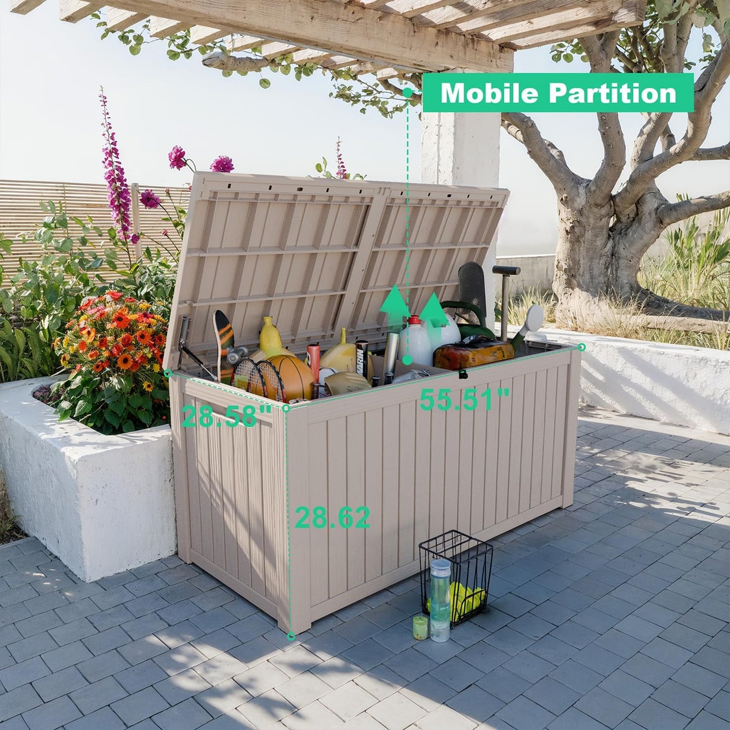 180 Gallon Resin Deck Box, Lockable Patio Outdoor Storage Box for Furniture, Garden Tools and Tools