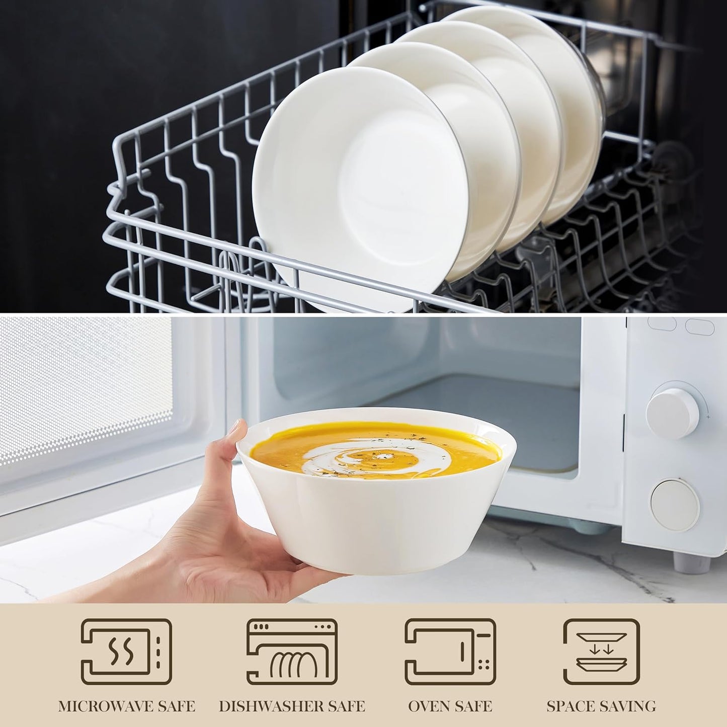 MALACASA 35 OZ Soup Bowls, White Porcelain Bowls Set of 4, Deep Bowls for Kitchen, Large Ceramic