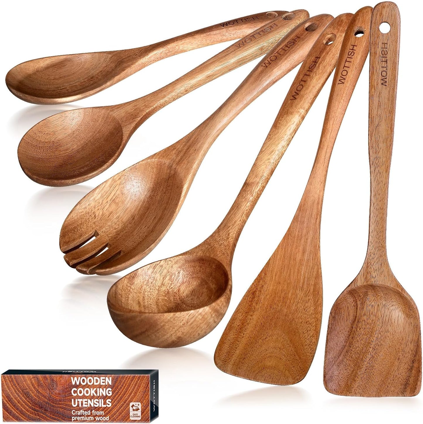 Wooden Spoons - Wooden Spoons for Cooking,Natural Wooden Kitchen Utensils Set Non Toxic,6-Piece