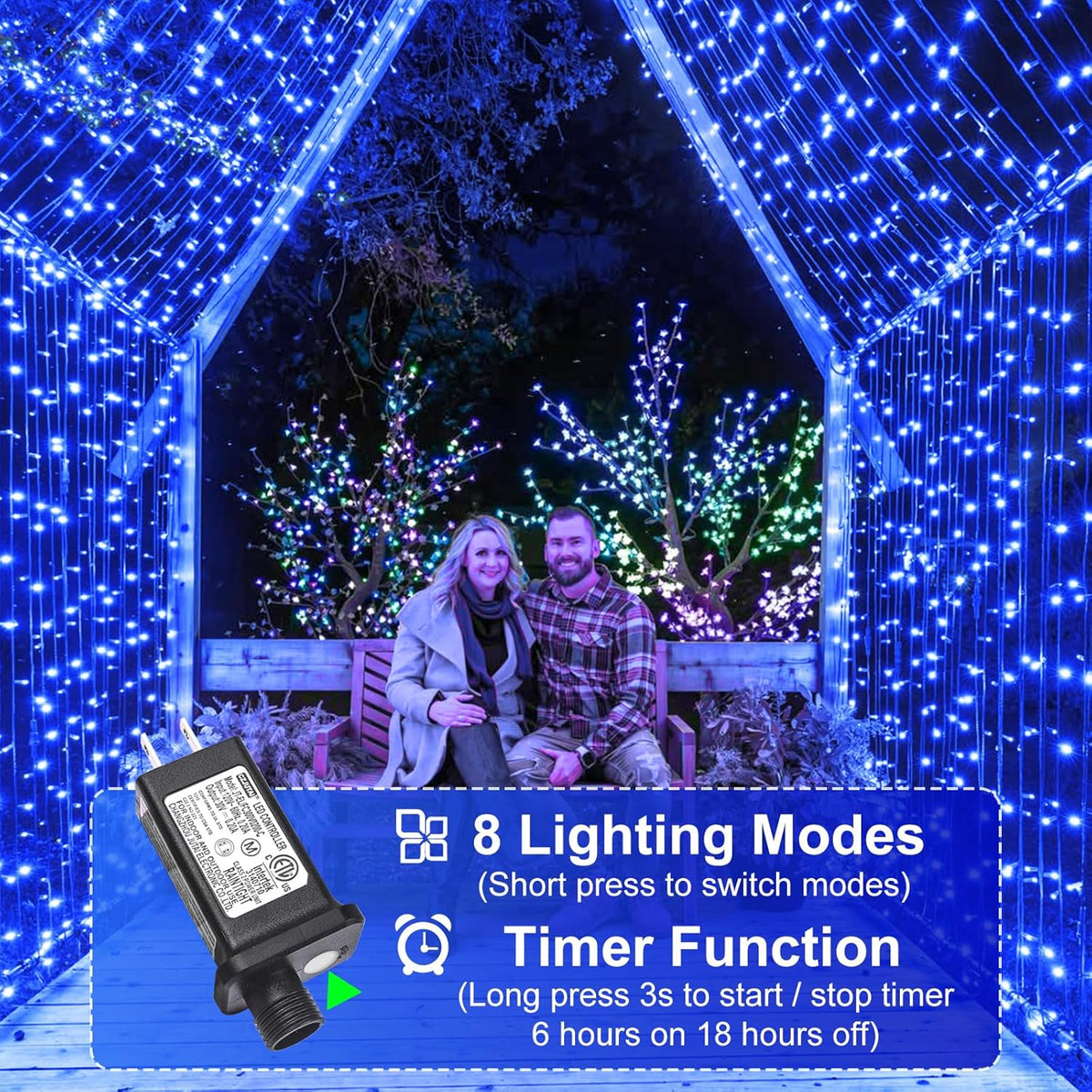 100FT 300 LED Christmas Lights Outdoor, Blue Christmas Tree Lights with 8 Modes Waterproof, Plug in