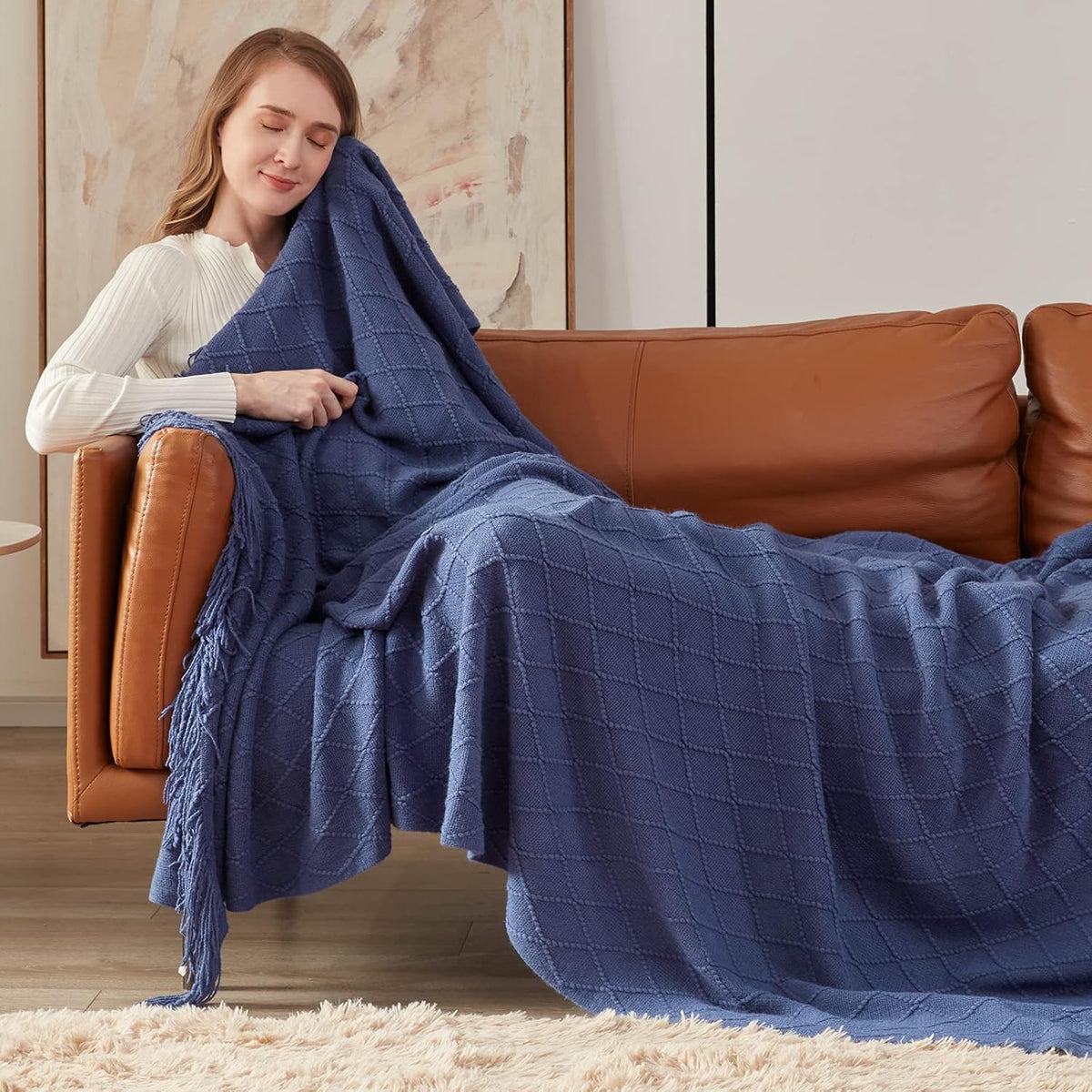 inhand Navy Blue Throw Blanket for Couch and Bed, Soft Living Room Home Decor Knitted Blanket with