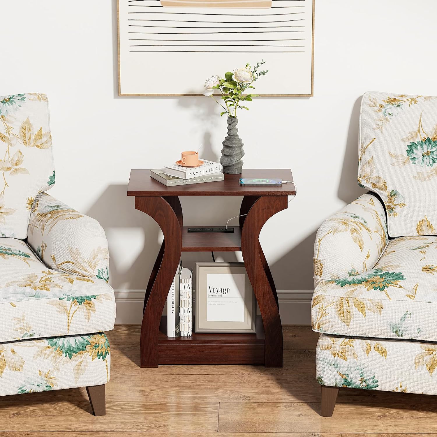 End Tables Living Room, Cherry End Table with Charging Station, Nightstand for Bedroom, 3 Tier End