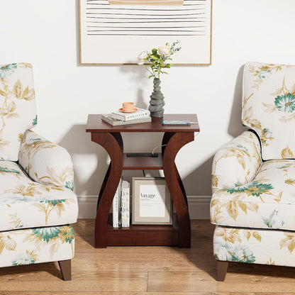 End Tables Living Room, Cherry End Table with Charging Station, Nightstand for Bedroom, 3 Tier End