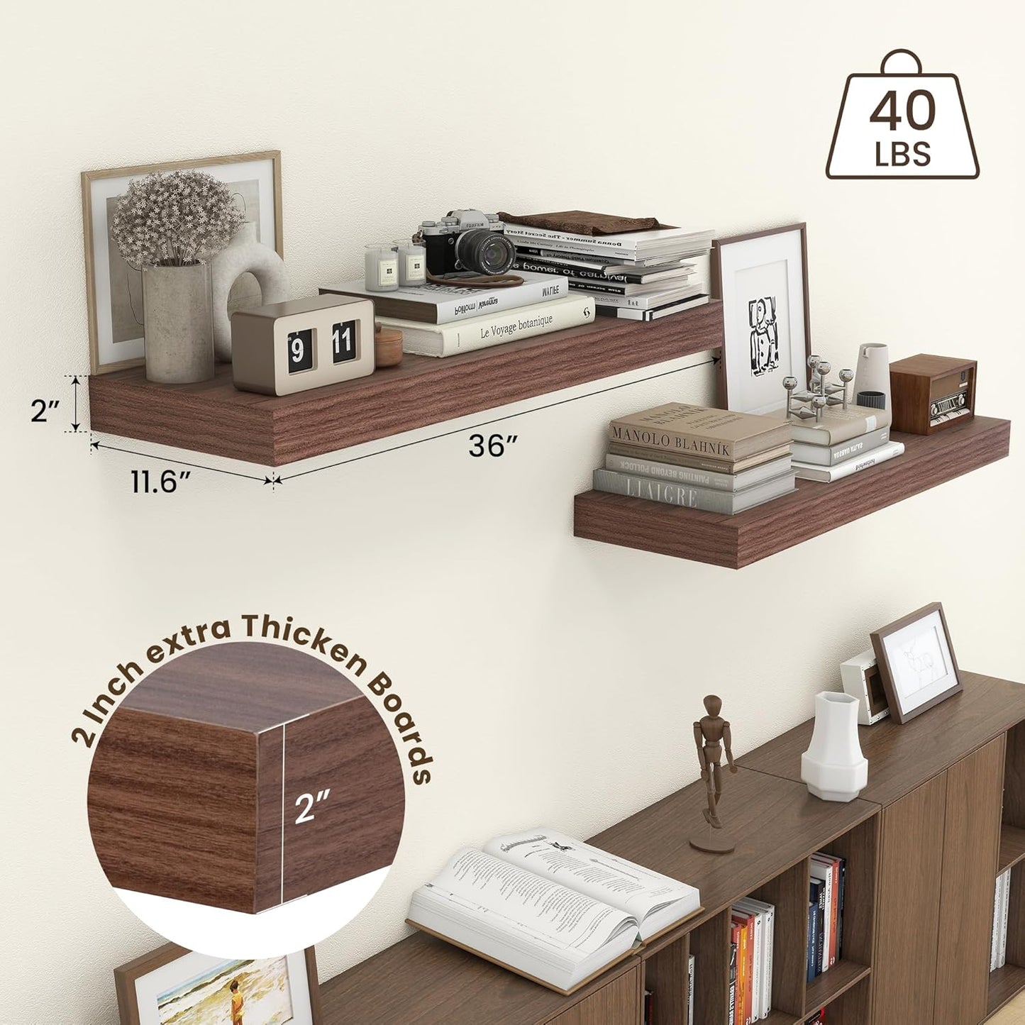 Deep Floating Shelves for Wall, 36'' x 12'' Rustic Large Floating Shelves Set of 2, 12 Inch Deep