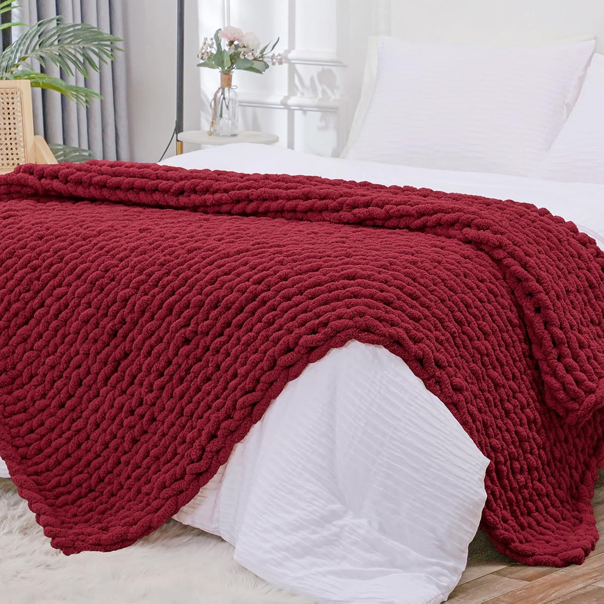 Bigacogo Chunky Knit Throw Blanket for Couch, 51x63 inches, 100% Hand Knitted with Thick Jumbo