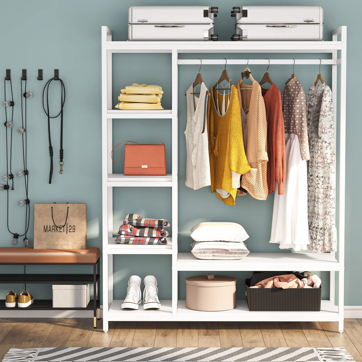 LITTLE TREE Free Standing Wood Closet Clothes Rack,Heavy Duty Grament Rack with Shelves,Hanging
