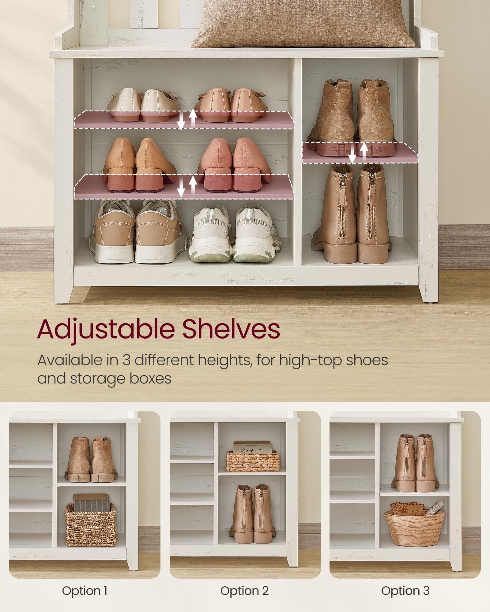 VASAGLE Hall Tree with Bench and Shoe Storage, 7 Double Hooks