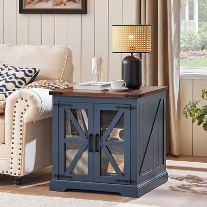 Farmhouse End Table Set of 2 with Charging Station, 24" Large Sofa Side Table with Glass Barn Door