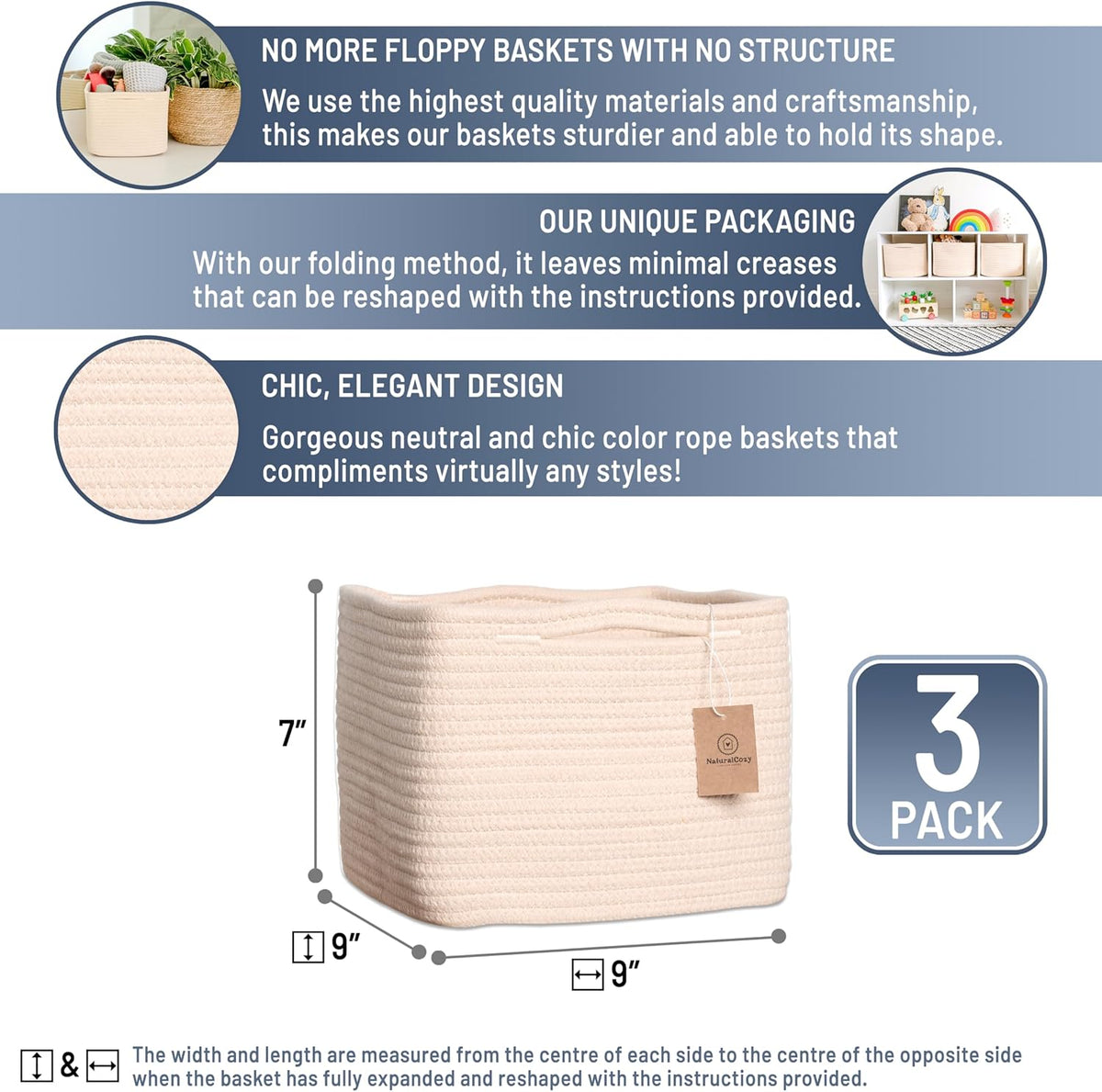 NaturalCozy Storage Cubes 9”x9”x7”Cotton Rope Woven Baskets for Organizing 3-Pack | 9 Inch Cube