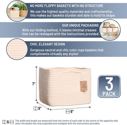NaturalCozy Storage Cubes 9”x9”x7”Cotton Rope Woven Baskets for Organizing 3-Pack | 9 Inch Cube