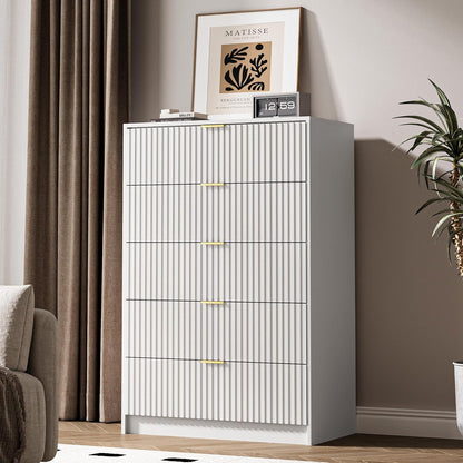 5 Drawer Dresser for Bedroom, Tall Dresser Chest of Drawers with Gold Handles, 32 Inch Wide
