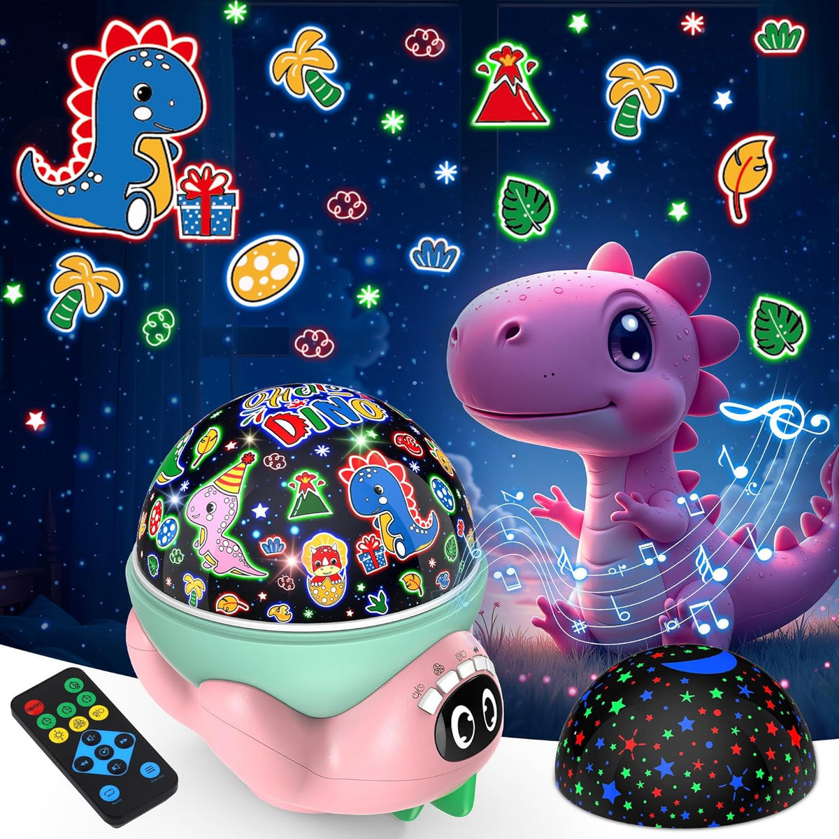 Dinosaur Night Light Projector for Kids Pink Dino Toys for Boys, Star Night Lights with Music and
