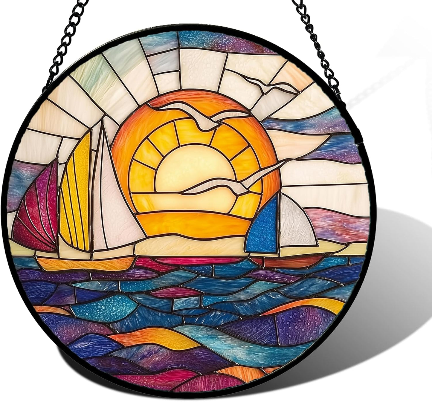 Stained Glass Window Hanging, Sailboat and Waves Suncatcher Diamond Glass Panel Hangings Sun