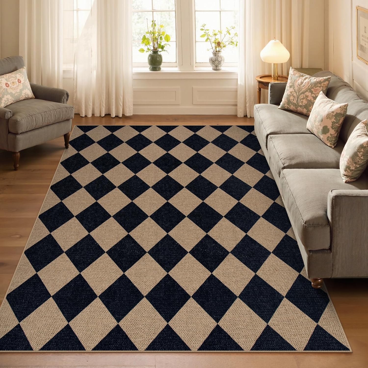 Lahome Checkered Easy Jute Outdoor Rug, 5x7 Area Rugs for Living Room Nature Large Dining Room