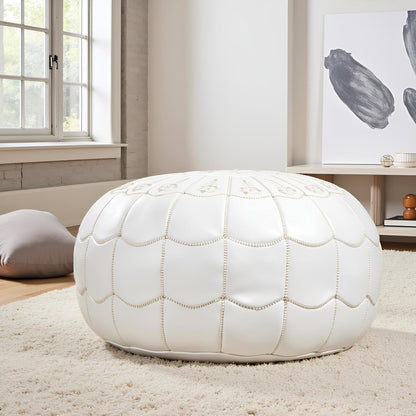Stuffed Arch Design Moroccan Leather Pouf Ottoman, Handmade, Pre-Filled, 100% Genuine Leather, 14”