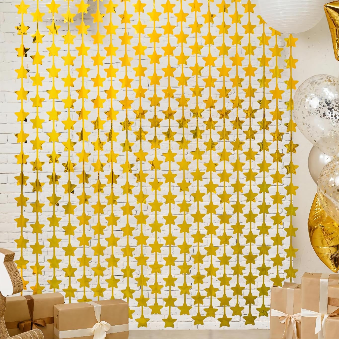 LOLStar 2 Pack Gold Stars Birthday Decorations 3.3X6.6 ft Golden Party Backdrop Foil Fringe