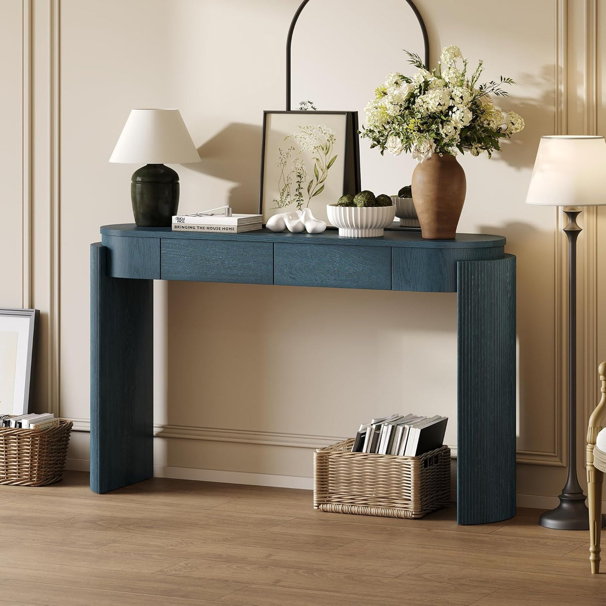 55" Sofa Table with Oval Top and 2 Drawers, Entryway Console Table with Fluted Design for