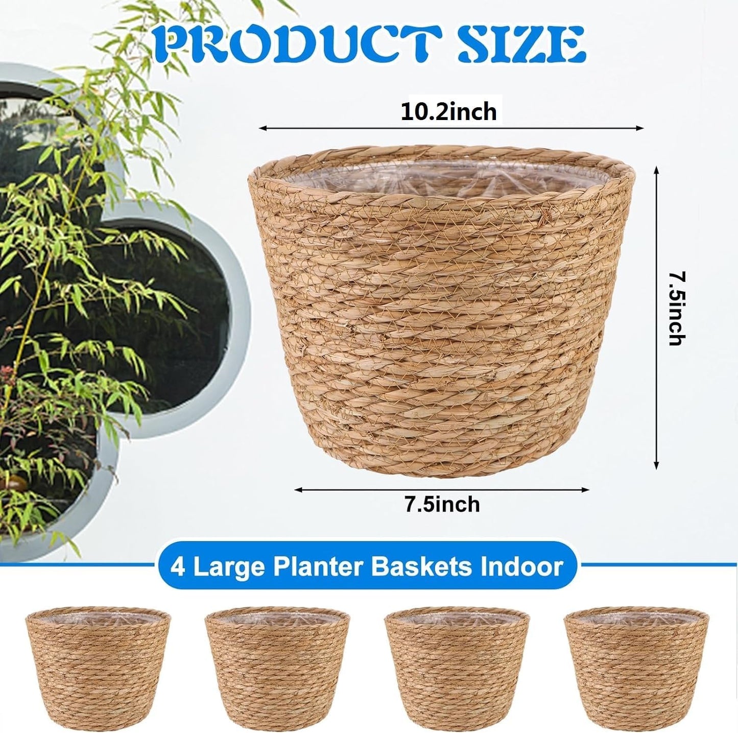 4 Pcs Large Premium Seagrass Planter Basket with Plastic Lining Natural Stylish Planter Baskets