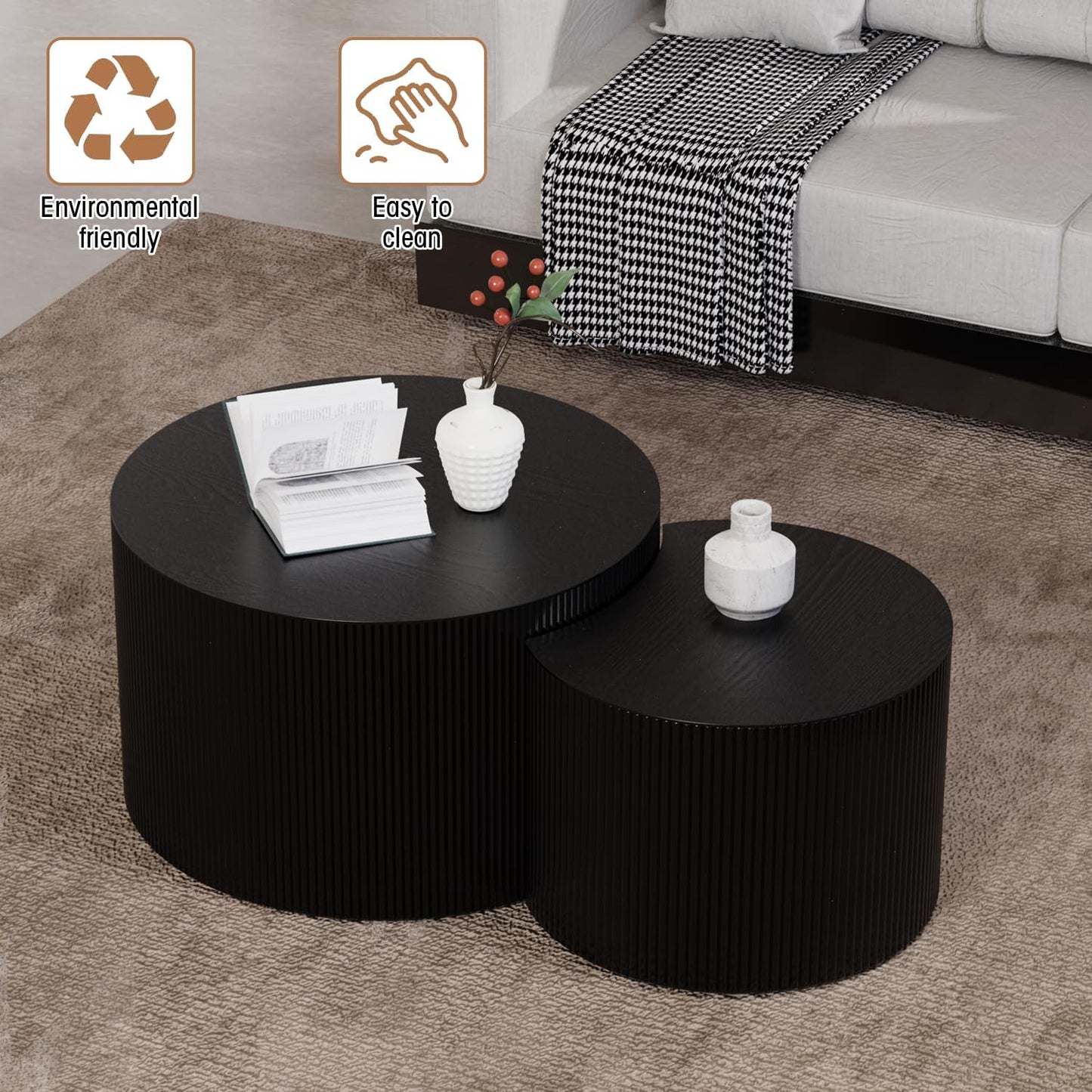 Round Nesting Coffee Table Wood Drum Nesting Tables Modern Stacking Coffee Table Set of 2 Fluted