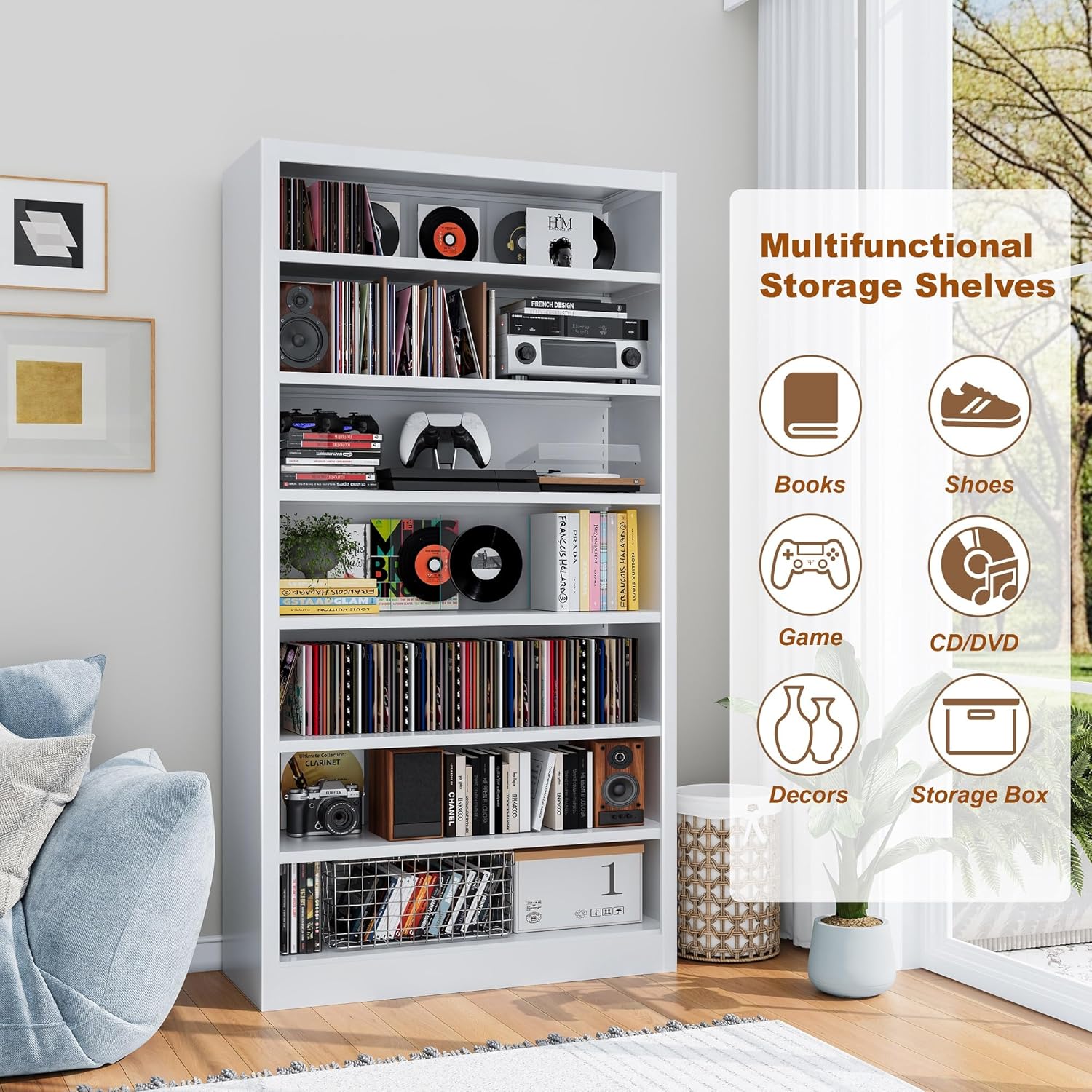 Metal DVD Storage Cabinets White, 7-Tier CD Storage Rack with Adjustable Shelves for CD Holder