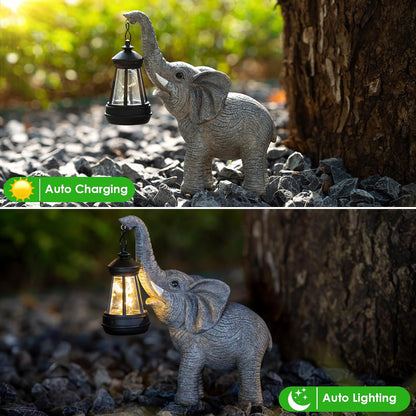 Solar Garden Statue Lights Elephants Figurine with Solar Lantern, Outdoor Yard Decorations for