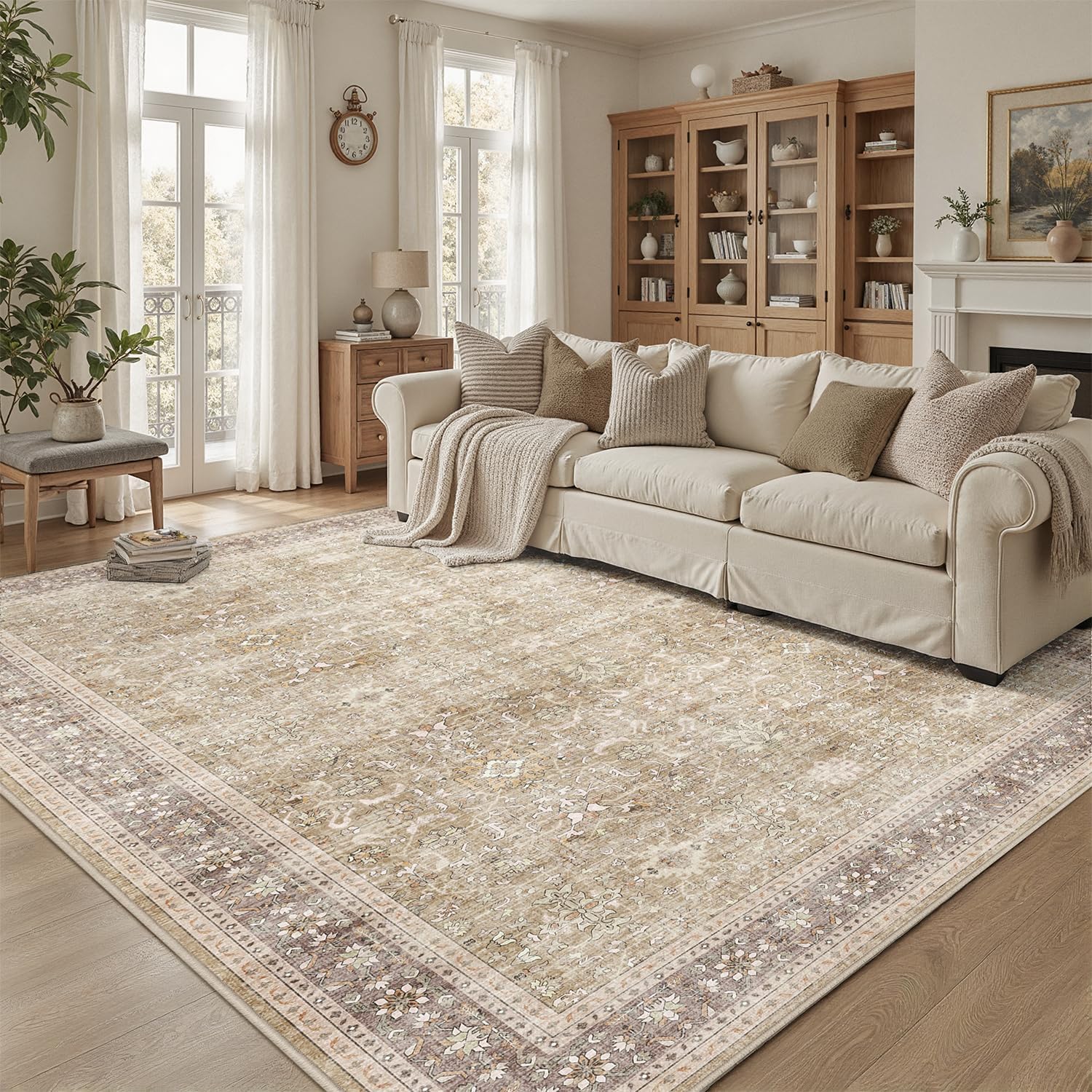 DCX Machine Washable Brown and Beige Area Rug 5x7, Non Slip Stain Resistant Vintage Rug for Living