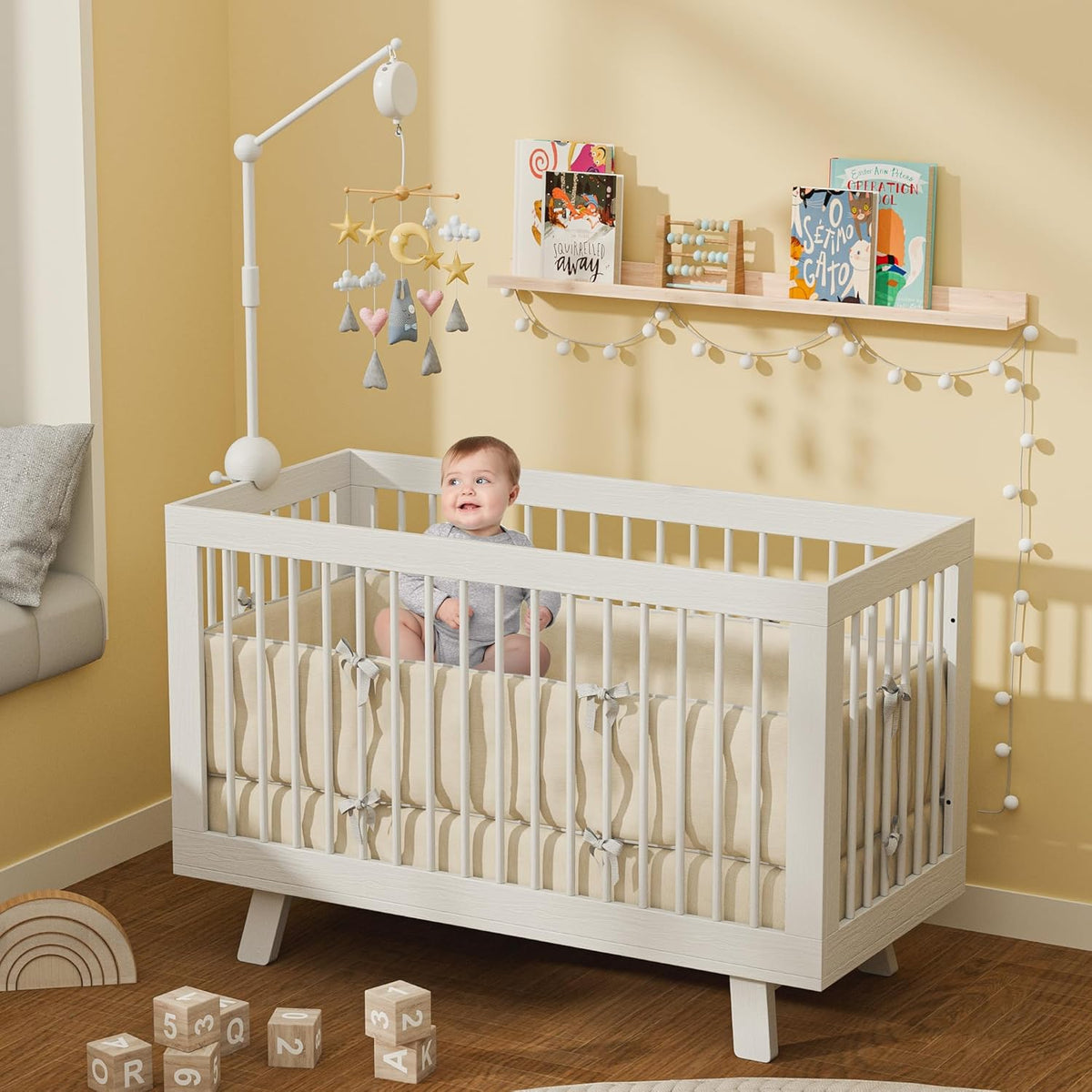 Crib Mobile Arm with Music Box,32.5 Inch White Crib Mobile Stand,Wooden Mobile Arm for Crib (2